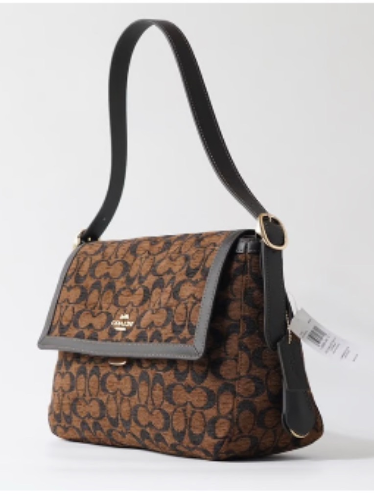 Coach Brown Signature Monogram Shoulder Bag With Black Trim
